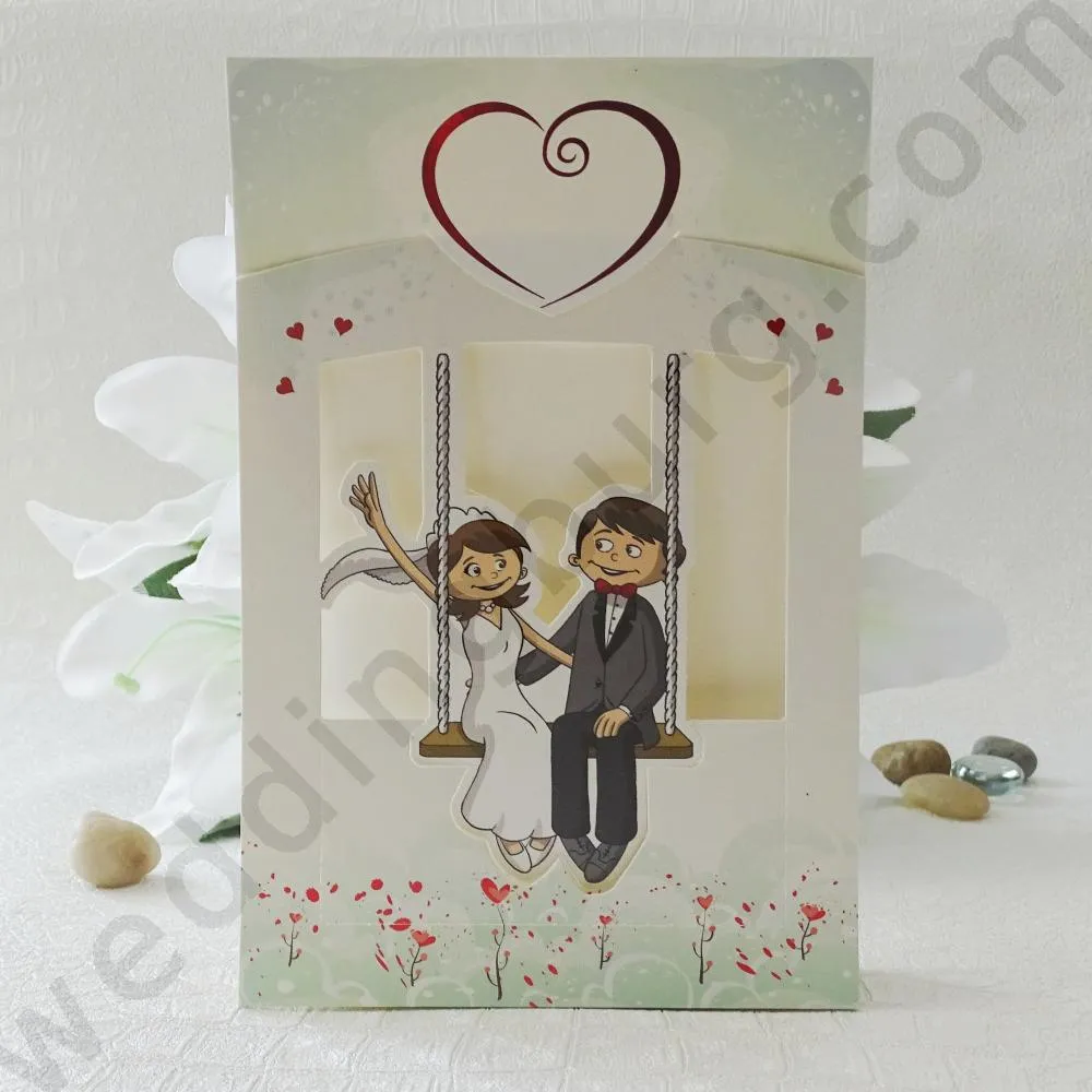 Забавна сватбена покана с Анимирани младоженци на люлка и Уникален дизайн
